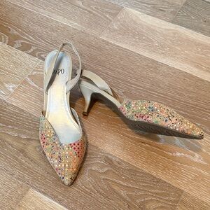 Impo Beige Slingback Kitten Heels with Multicolor cutout dots